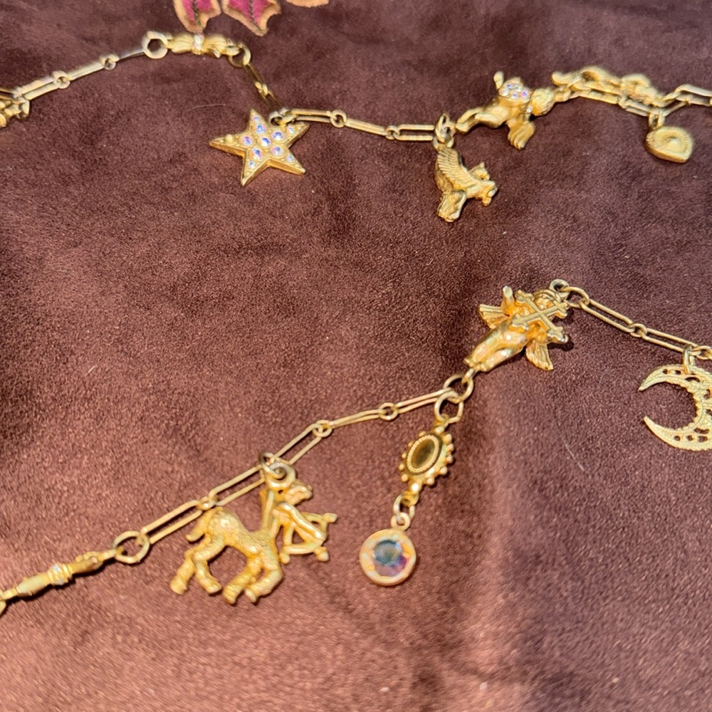 Kirks Folly Long Gold Charm Necklace with Aurora Borealis Crystal Accents cupids - Picture 3 of 5